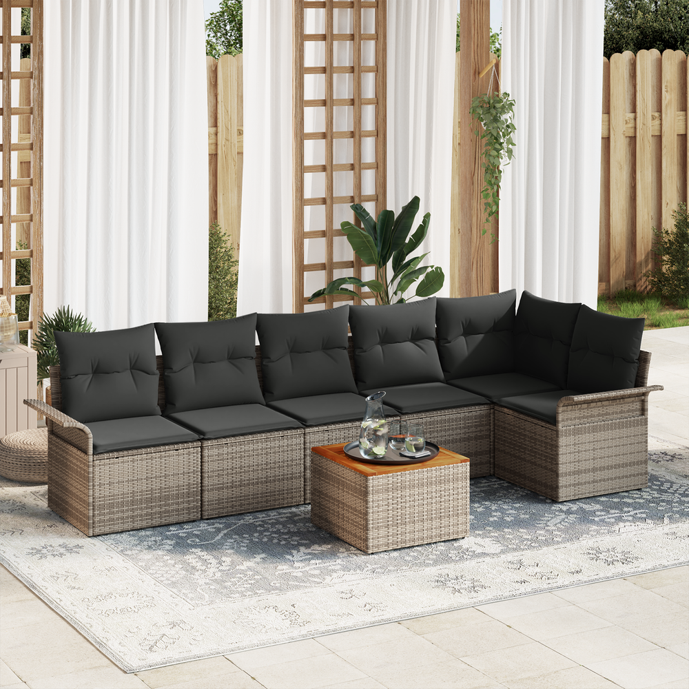 7-piece garden sofa set with cushions in grey poly rattan acacia