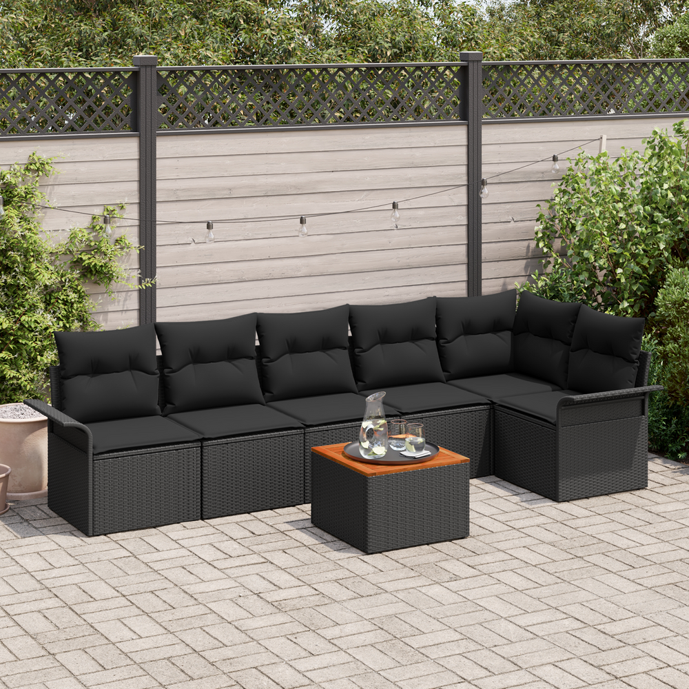 7-Piece Garden Sofa Set with Cushions Black Poly Rattan Acacia