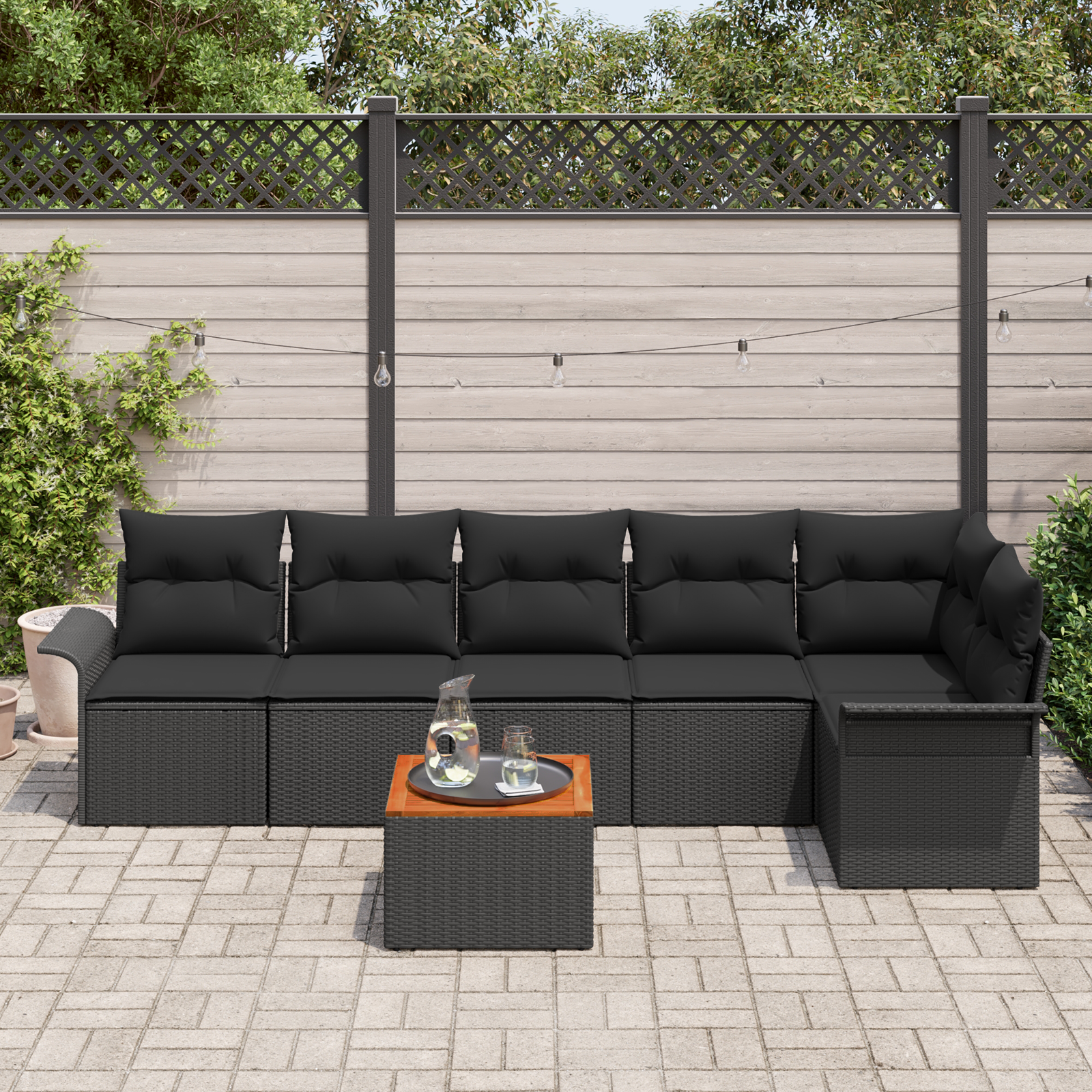 7 dalių sodo sofa komplektas su pagalvėmis Juoda Poli ratanas Akacijos