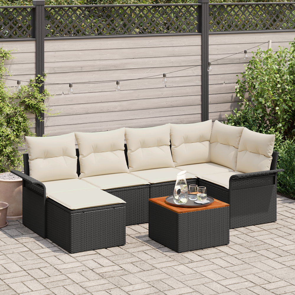7 Piece Outdoor Sofa Set with Cushions Black Poly Rattan Acacia