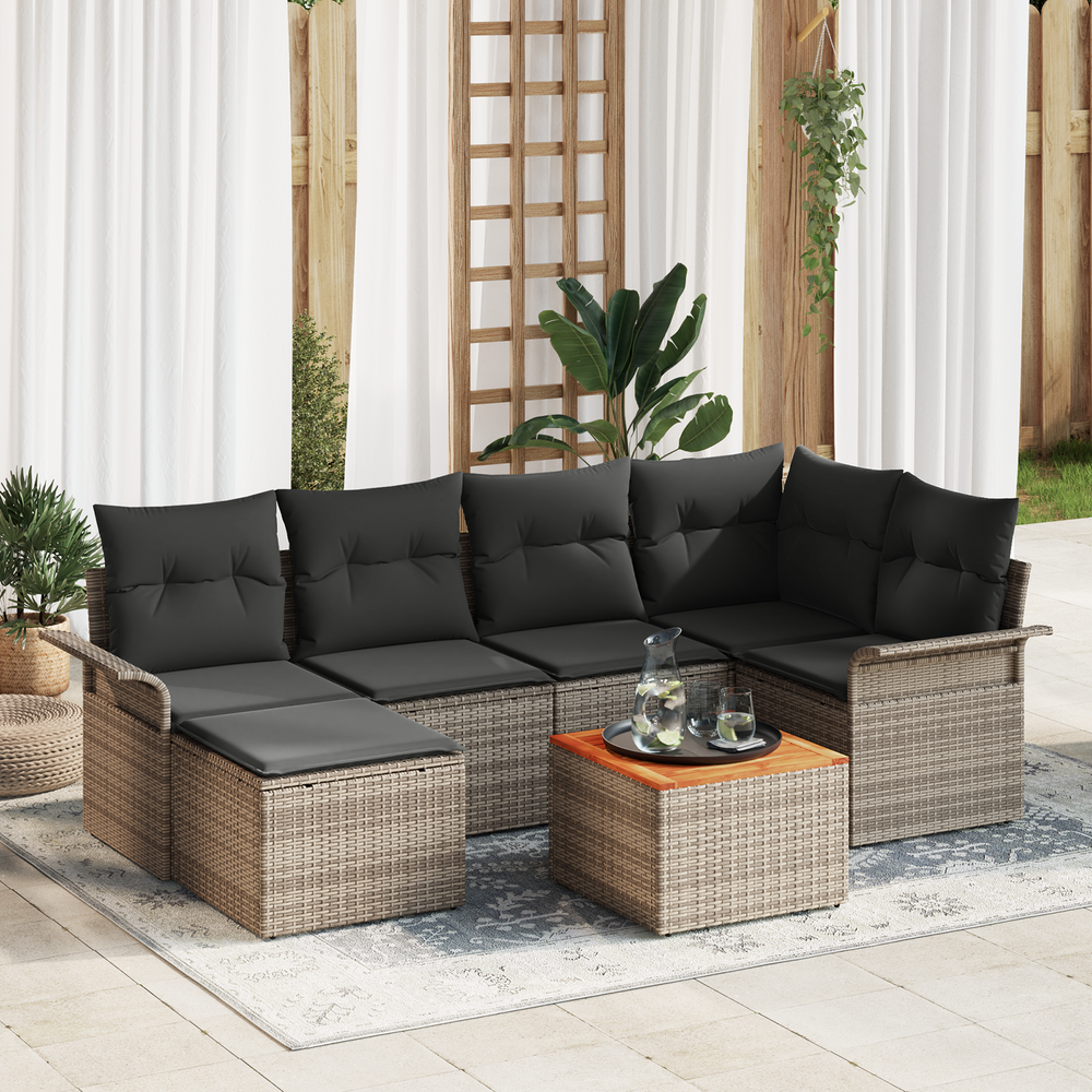 7-Piece Garden Sofa Set with Cushions Grey Poly Rattan Acacia