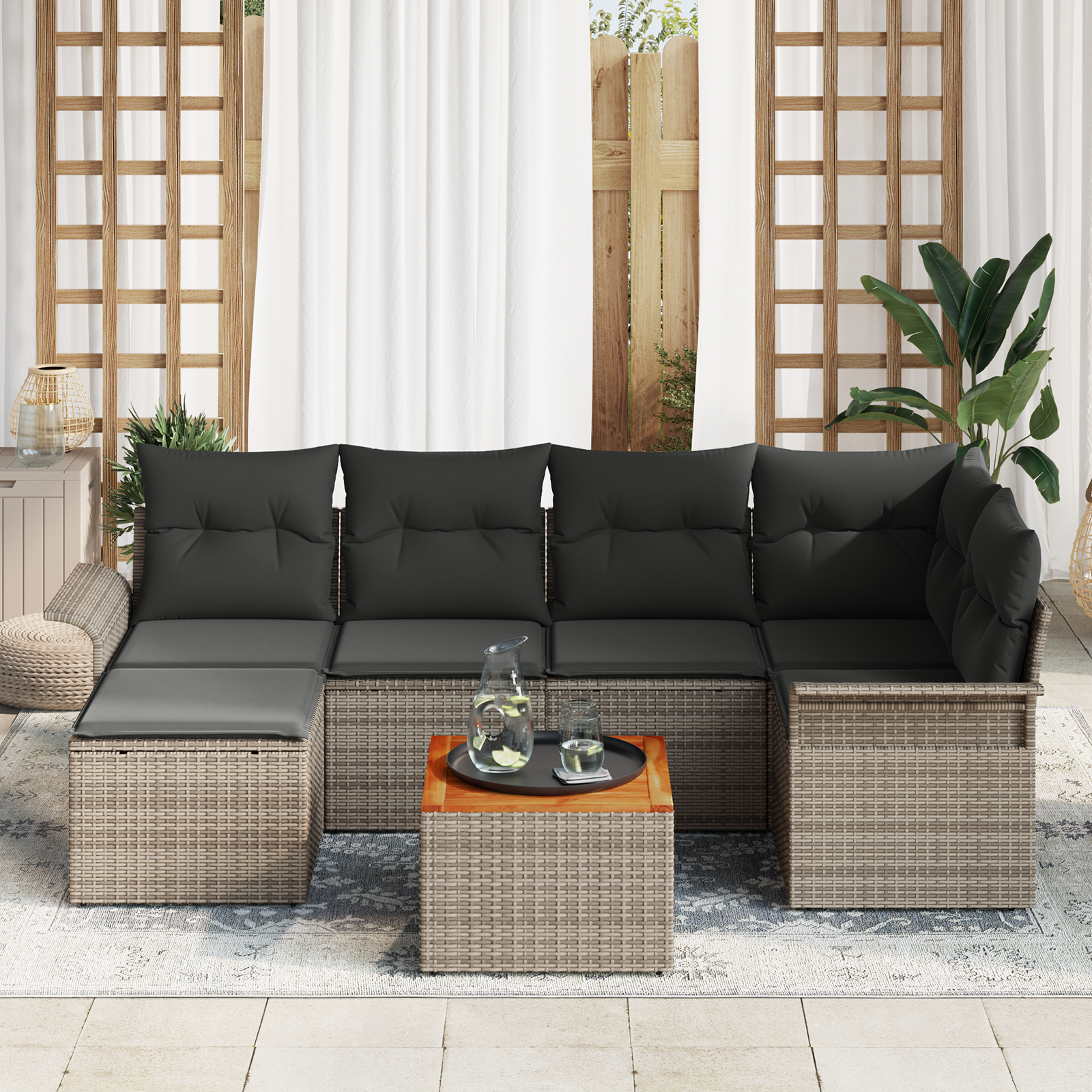 7 Dalių Sodo Sofa Rinkinys su Pagalvėlėmis Pilkas Poli Ratanas Akacija