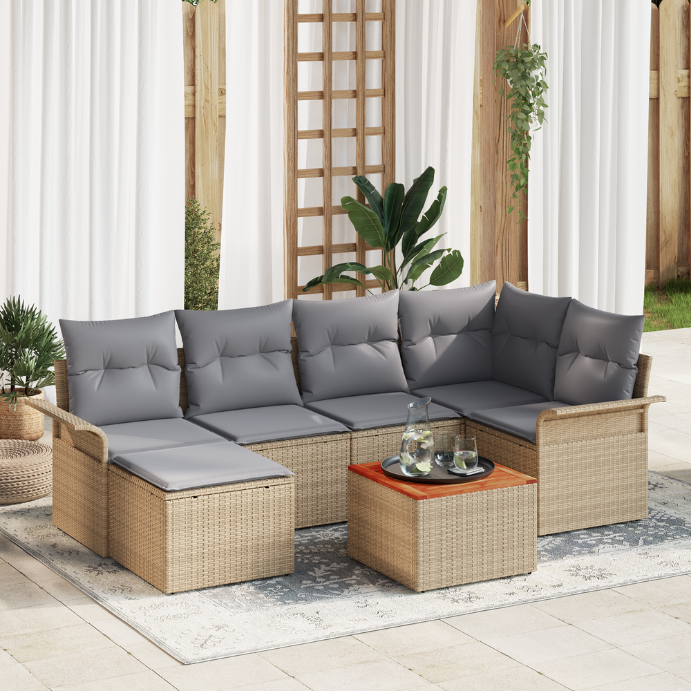 7-Piece Garden Sofa with Cushions Sand Colour Poly Rattan Acacia Wood