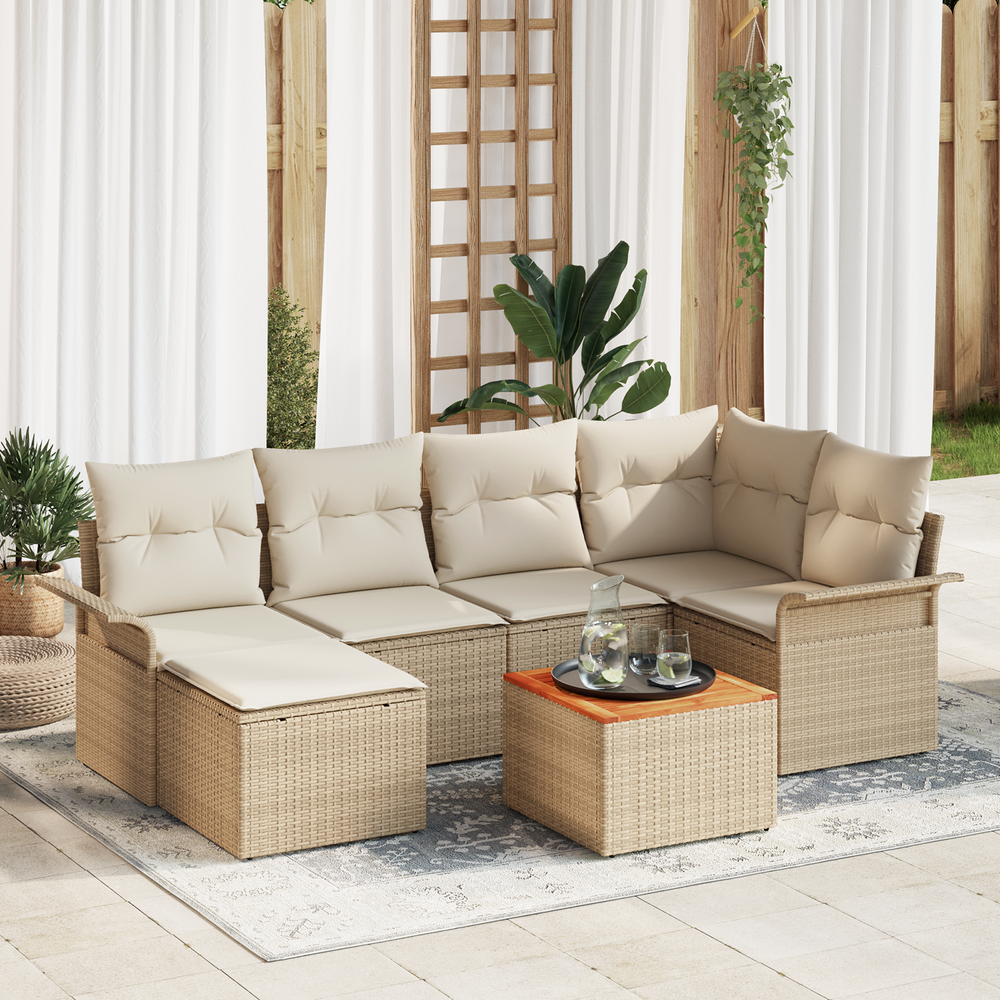 7-piece garden sofa set with cushions sand poly rattan acacia