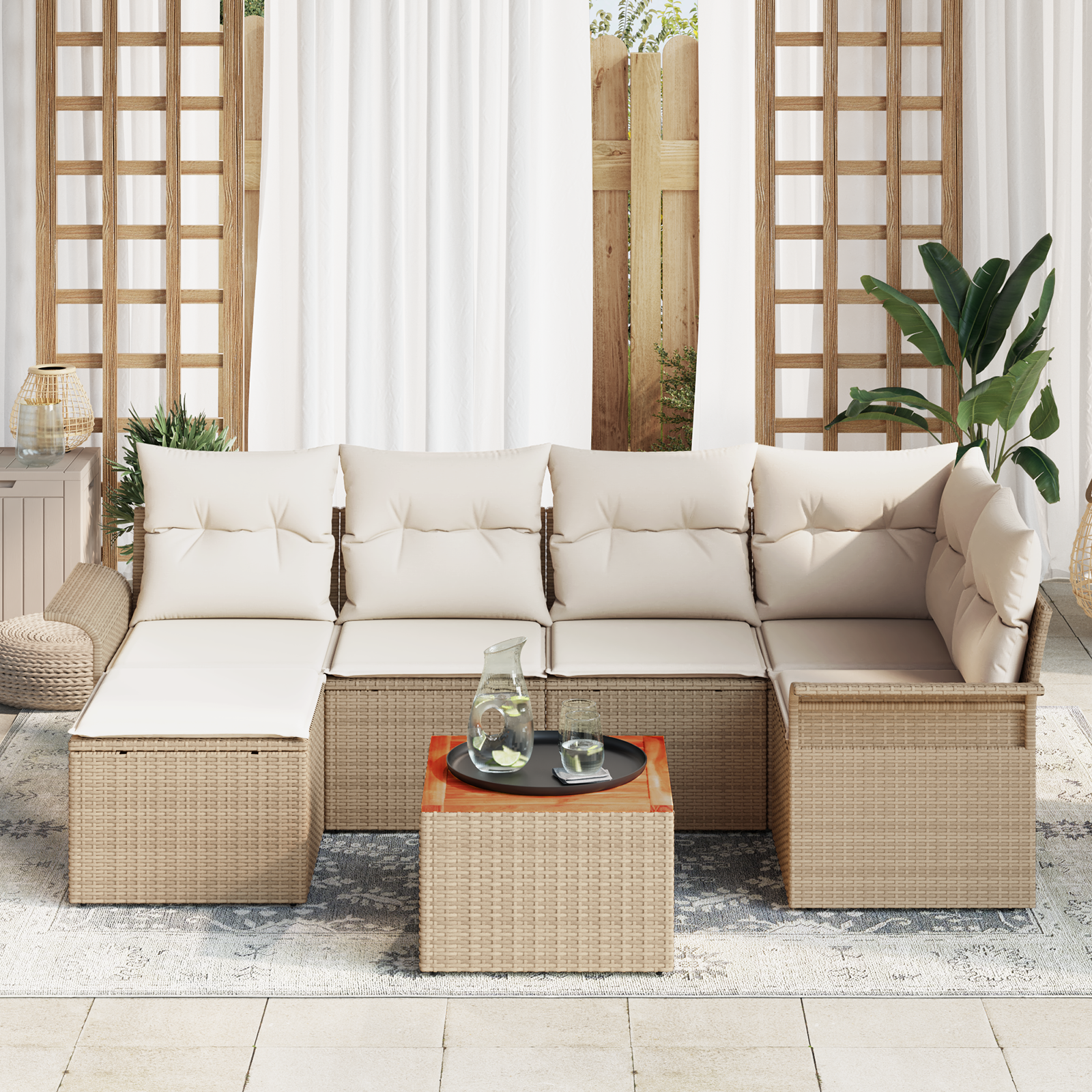 7 dalių sodo sofa rinkinys su pagalvėlėmis smėlio poliratanas akacija