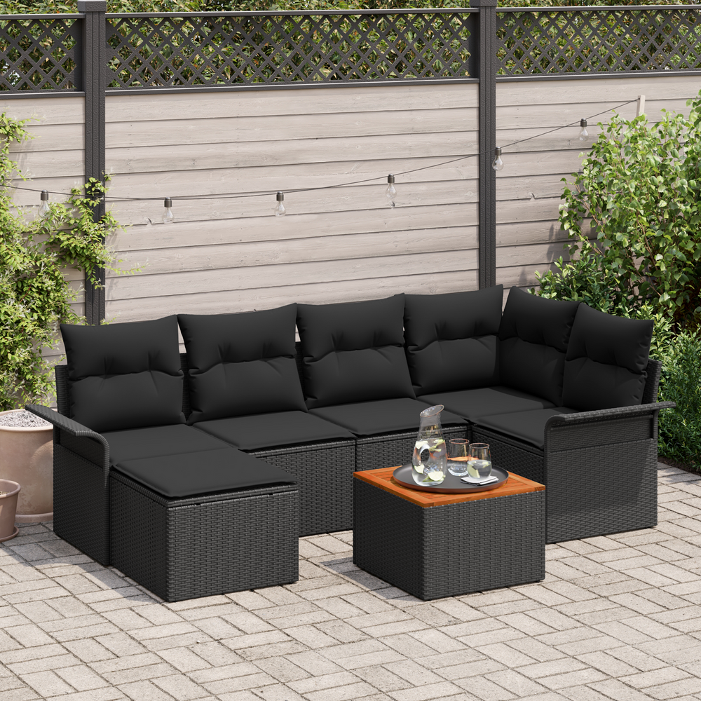 7-Piece Garden Sofa Set with Cushions Black Poly Rattan Acacia