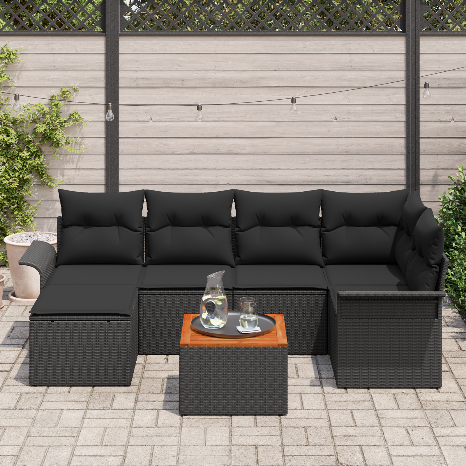 7 dalių sodo sofa komplektas su pagalvėlėmis Juoda Poli Ratanas Akacija