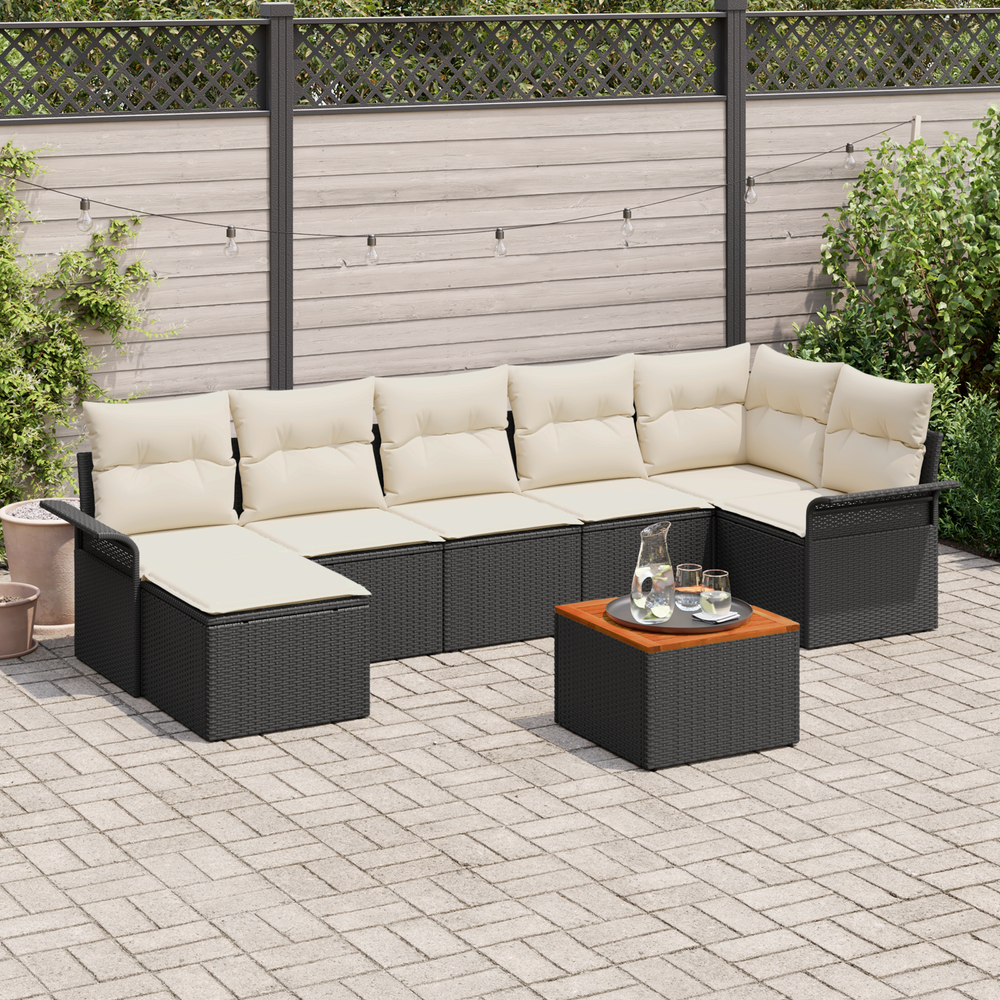 8-Piece Garden Sofa Set with Cushions Black Poly Rattan Acacia Wood