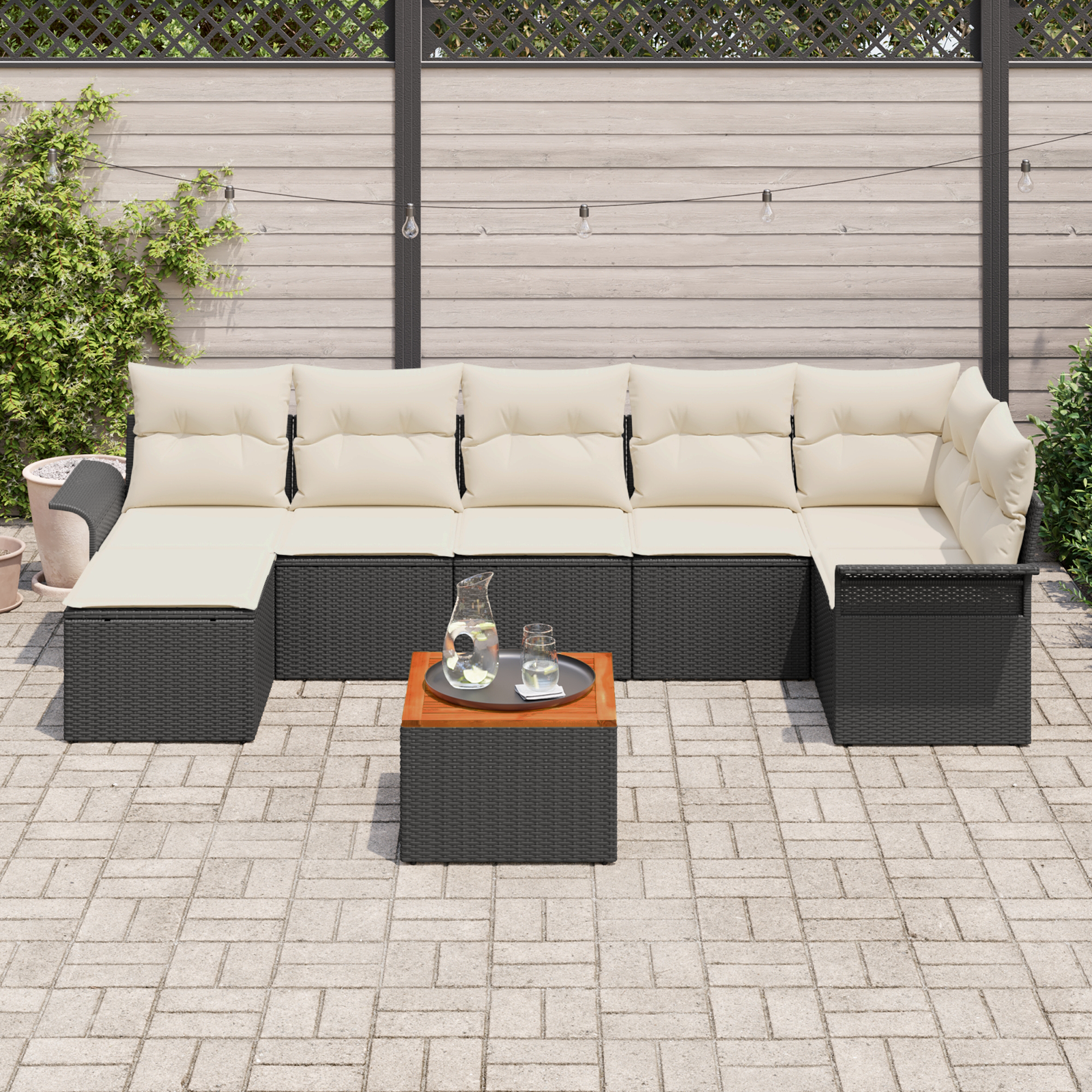 8 Dalių Sodo Sofa Rinkinys su Pagalvėmis Juodas Poli Ratanas Akacijos