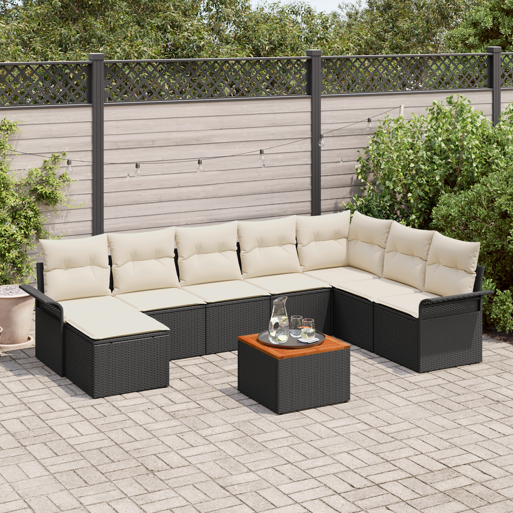 9-Piece Garden Sofa Set with Cushions Black Poly Rattan Acacia