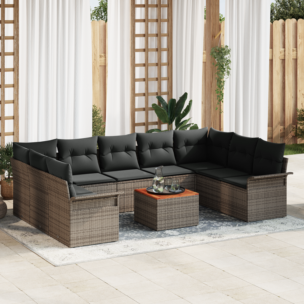 10-Piece Garden Sofa Set with Cushions Grey Poly Rattan Acacia