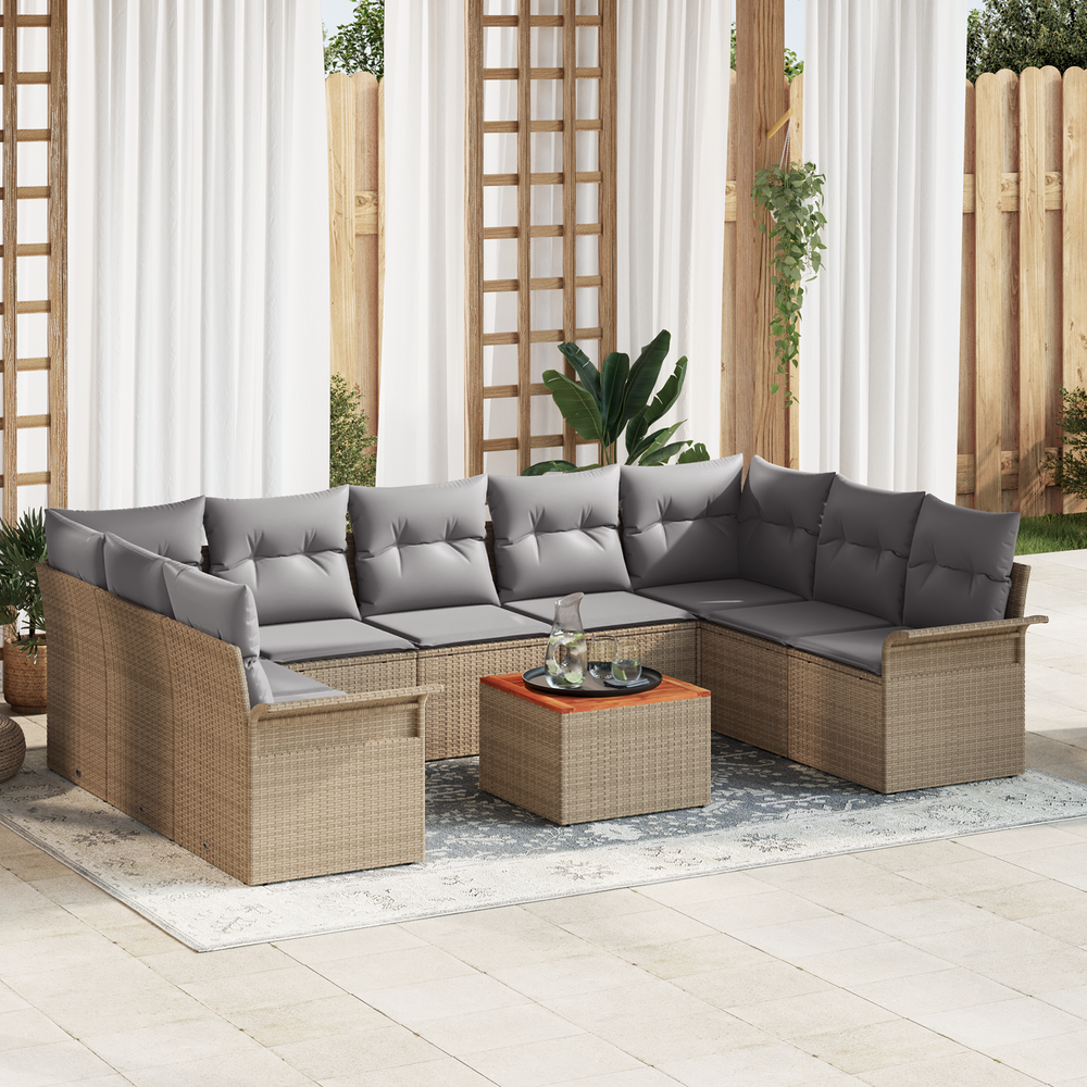 10-Piece Garden Sofa Set with Cushions Sand Poly Rattan Acacia