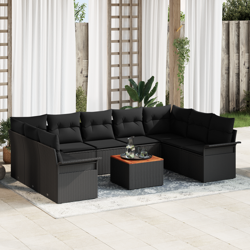 10-Piece Garden Sofa Set with Cushions Black Poly Rattan Acacia