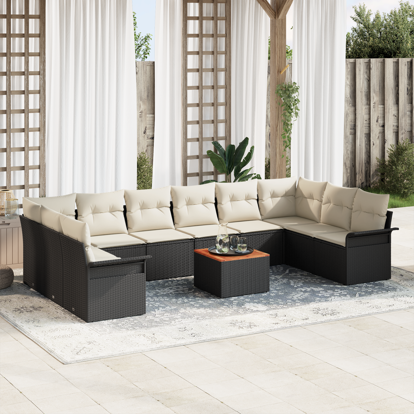 11 dalių Sodo Sofa Rinkinys su pagalvėmis juodos poli ratanas akacijos
