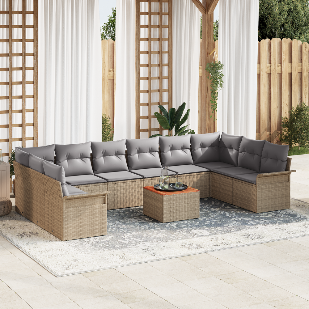 11-Piece Garden Sofa Set with Cushions Sand Poly Rattan Acacia