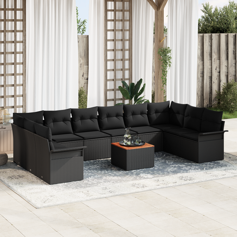 11-piece Garden Sofa Set with Cushions Black Poly Rattan Acacia