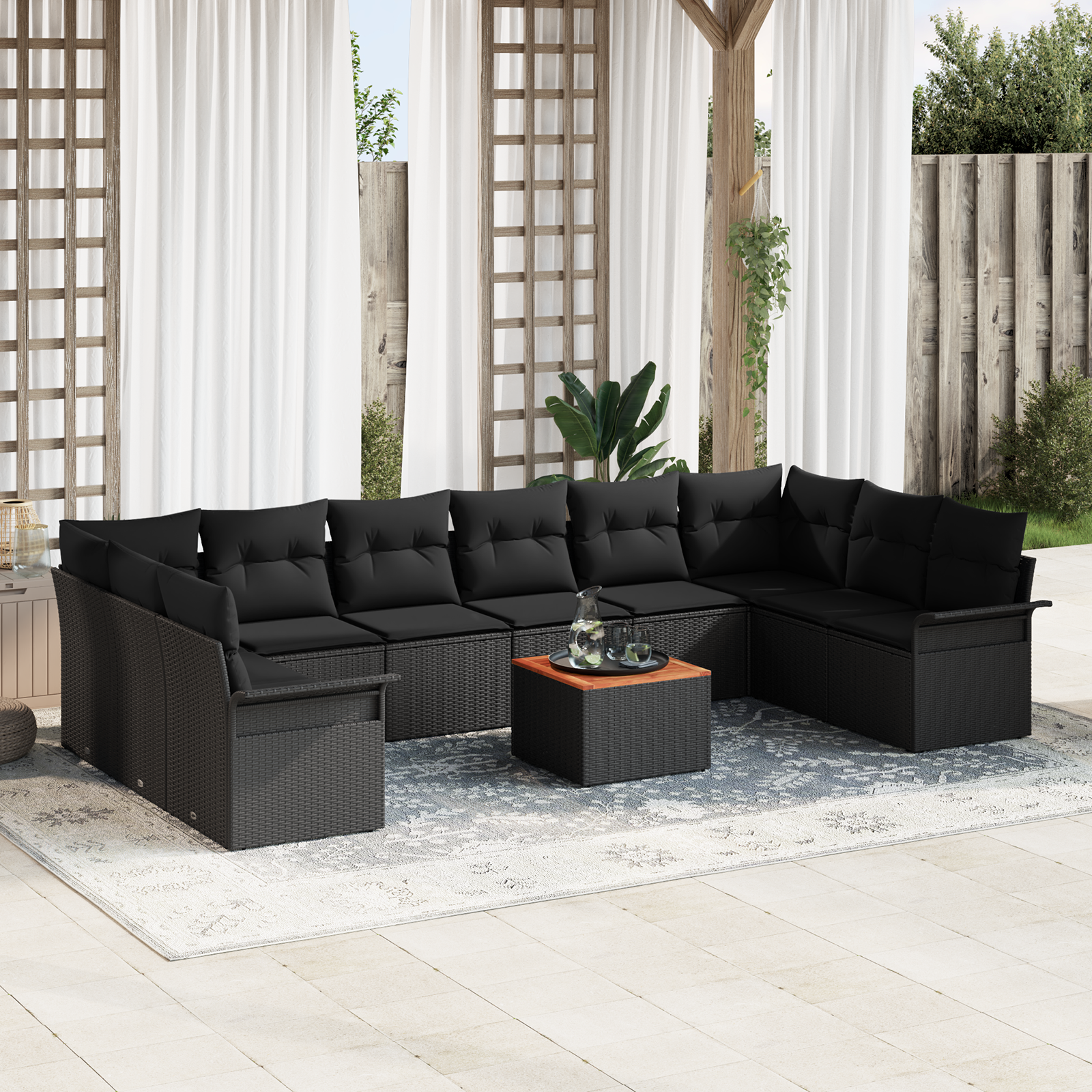 11 dalių sodo sofa komplektas su pagalvėlėmis Juoda Poli ratanas Akacija