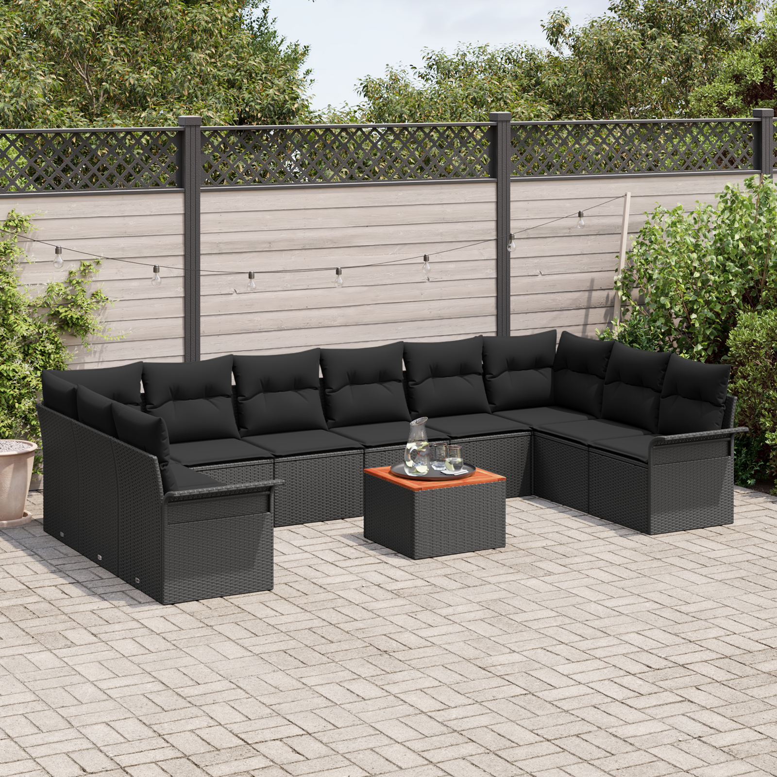 11 dalių sodo sofa komplektas su pagalvėlėmis Juoda Poli ratanas Akacija