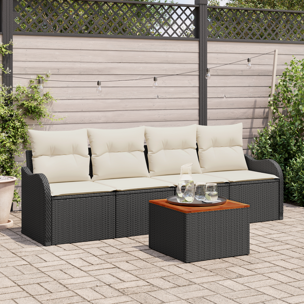 5-Piece Garden Sofa Set with Cushions Black Poly Rattan Acacia