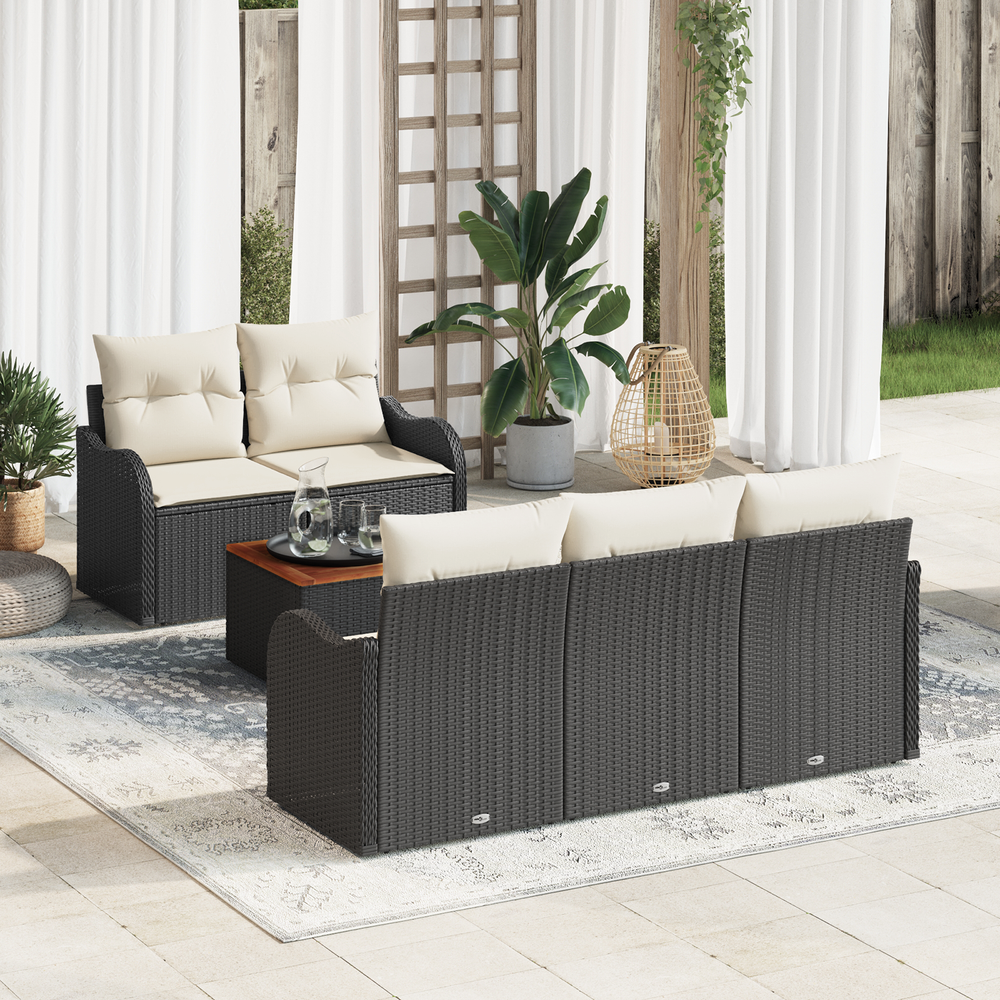 6 Piece Garden Sofa Set with Cushions Black Poly Rattan Acacia