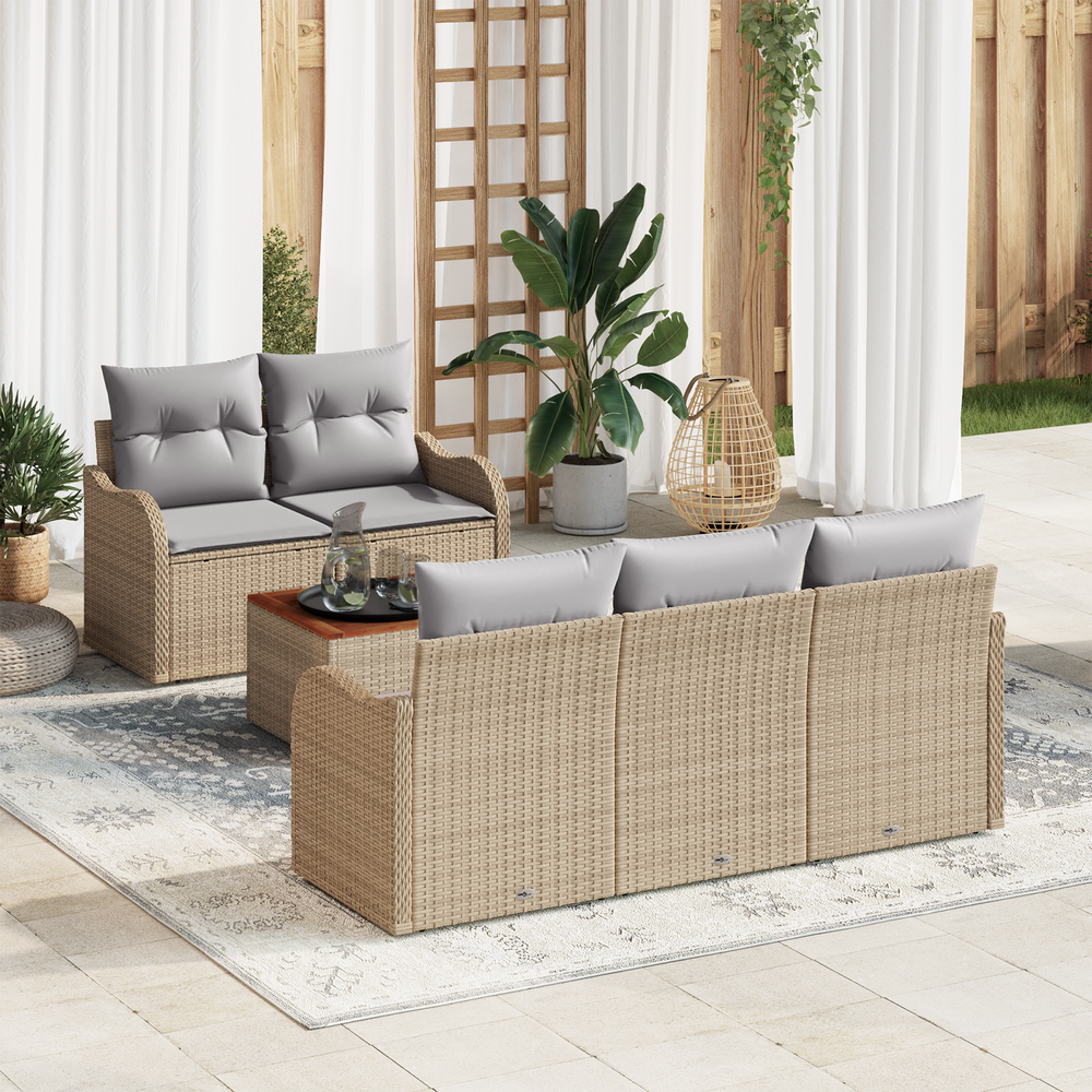 6-Piece Garden Sofa Set with Cushions Sand Poly Rattan in Acacia