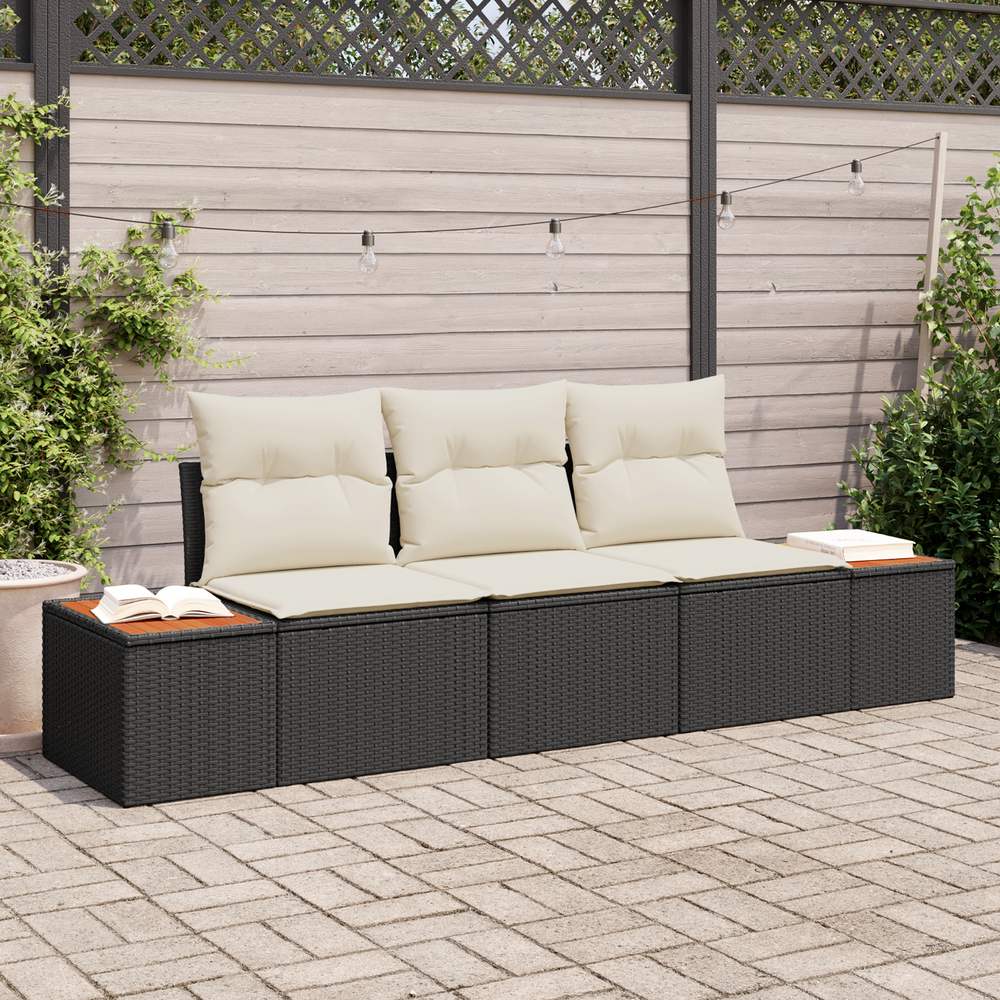 3-Piece Garden Sofa Set with Cushions Black Poly Rattan Acacia