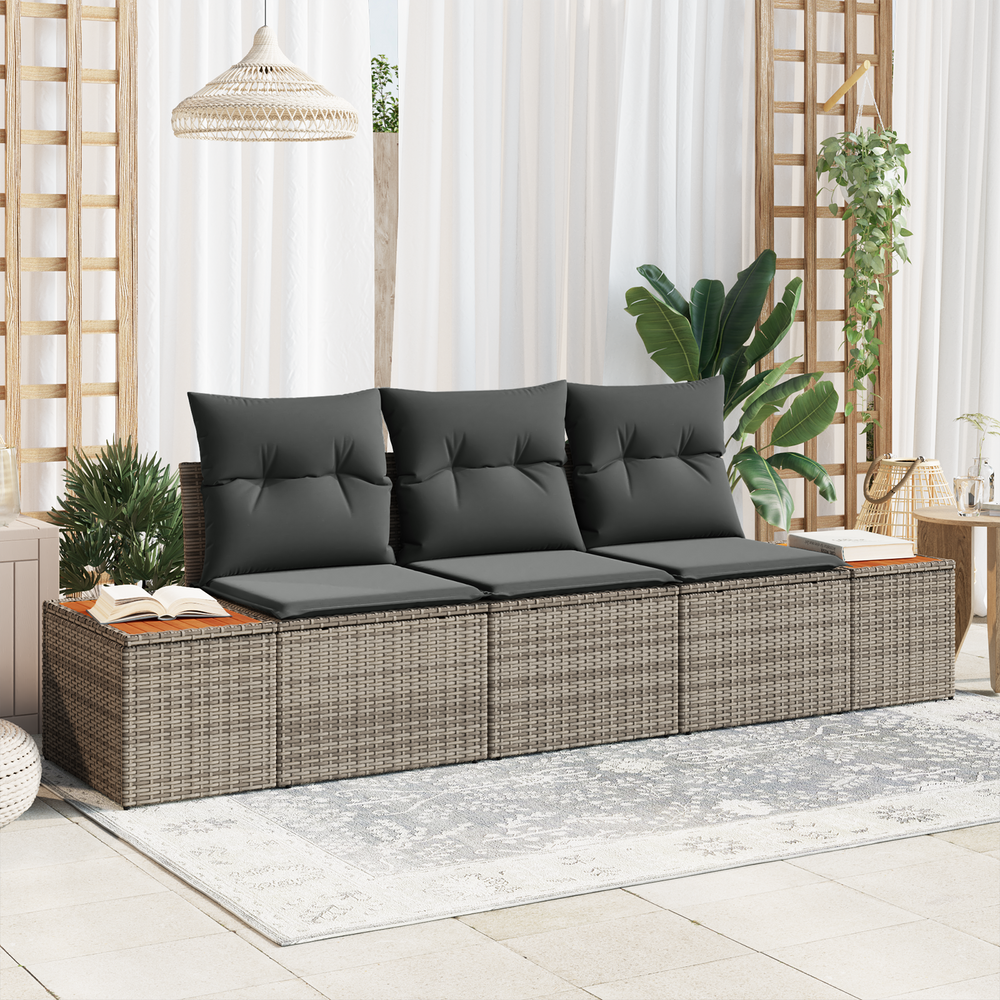 3 Piece Garden Sofa Set with Cushions Grey Poly Rattan Acacia