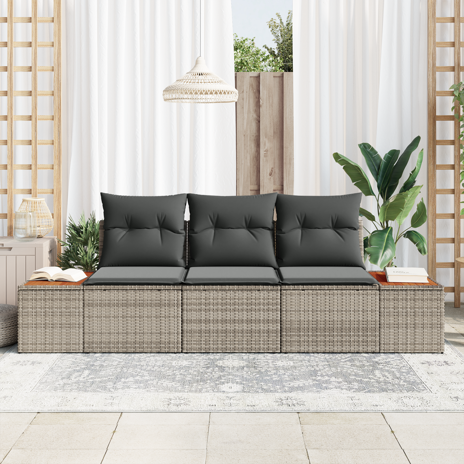 3 dalių sodo sofa komplektas su pagalvėmis pilka poli ratanas akacija