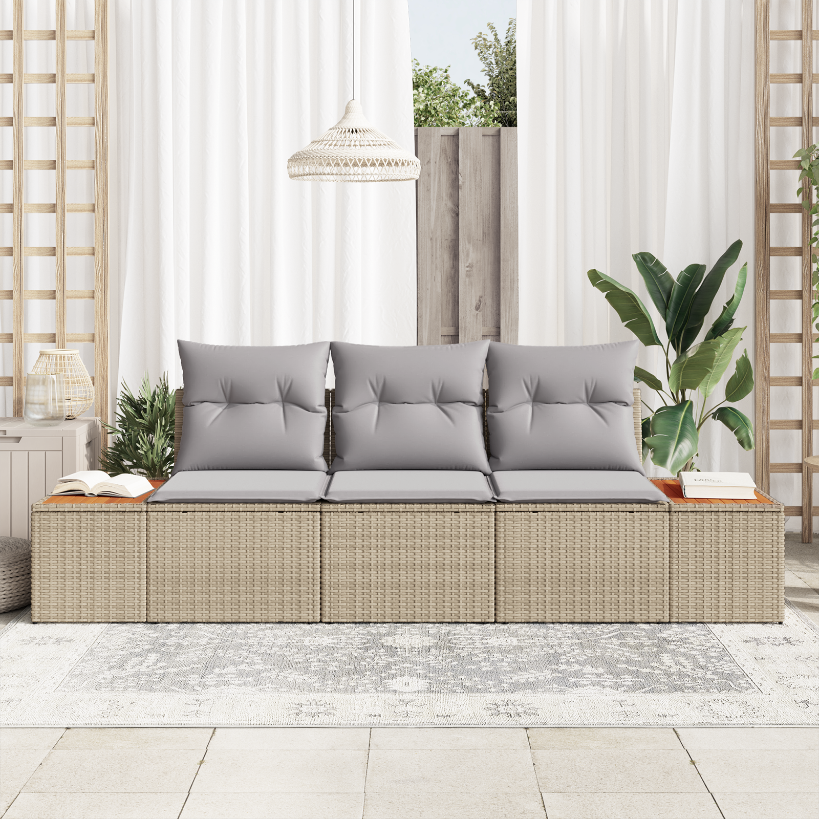 3 dalių sodo sofa komplektas su pagalvėmis Smėlio poli ratanas akacijos