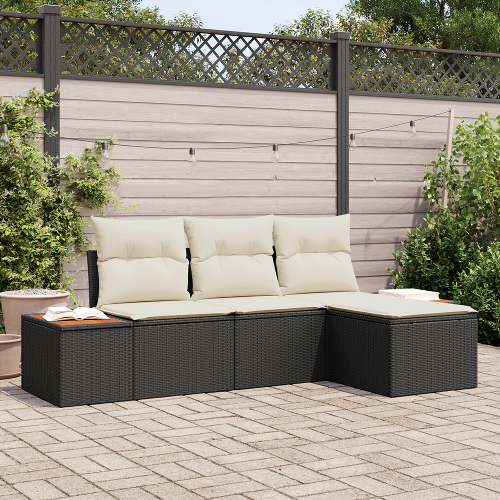 4-Piece Garden Sofa Set with Cushions Black Poly Rattan Acacia