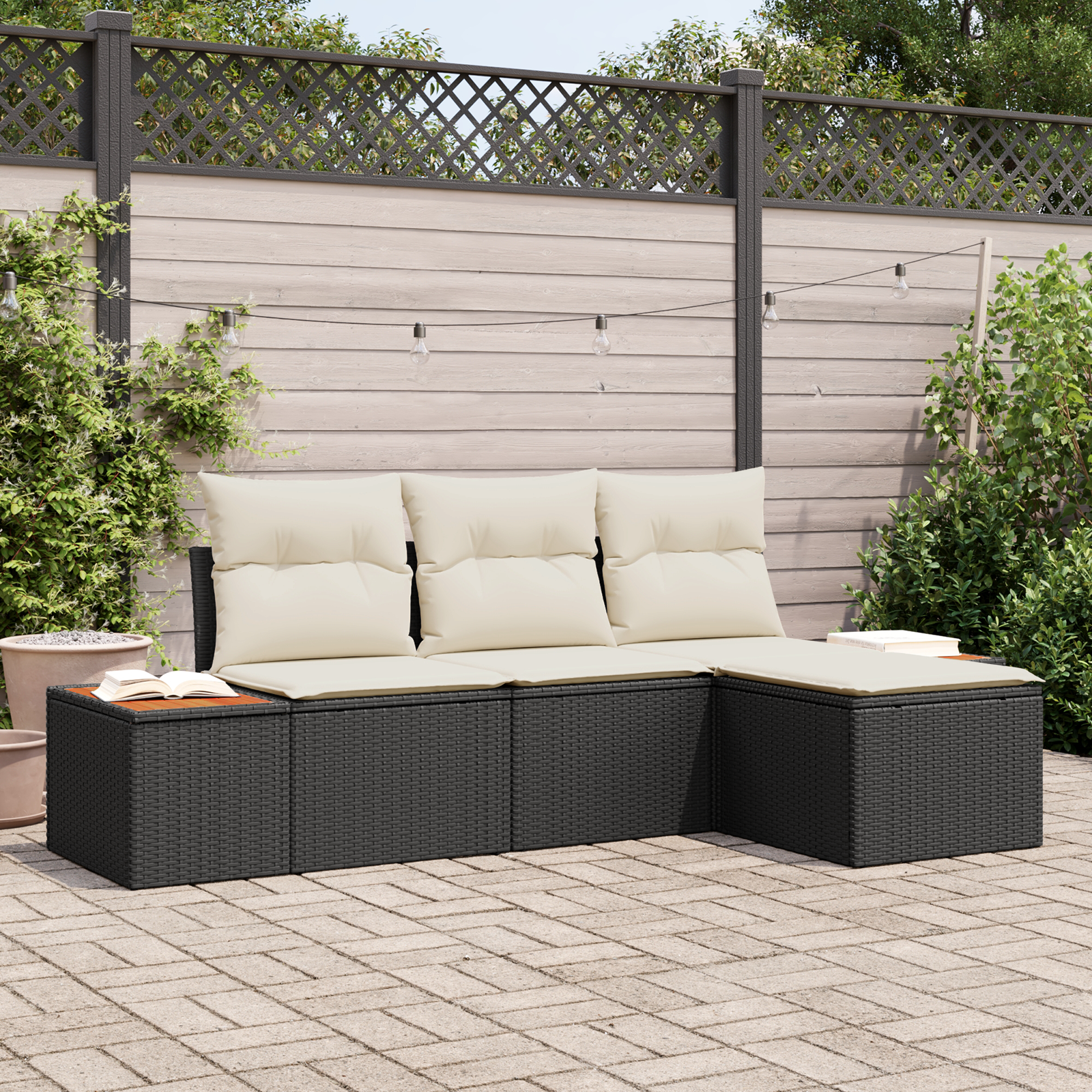 4 Dalių Sodo Sofa Rinkinys su Pagalvėmis Juoda Poli Ratanas Akacija