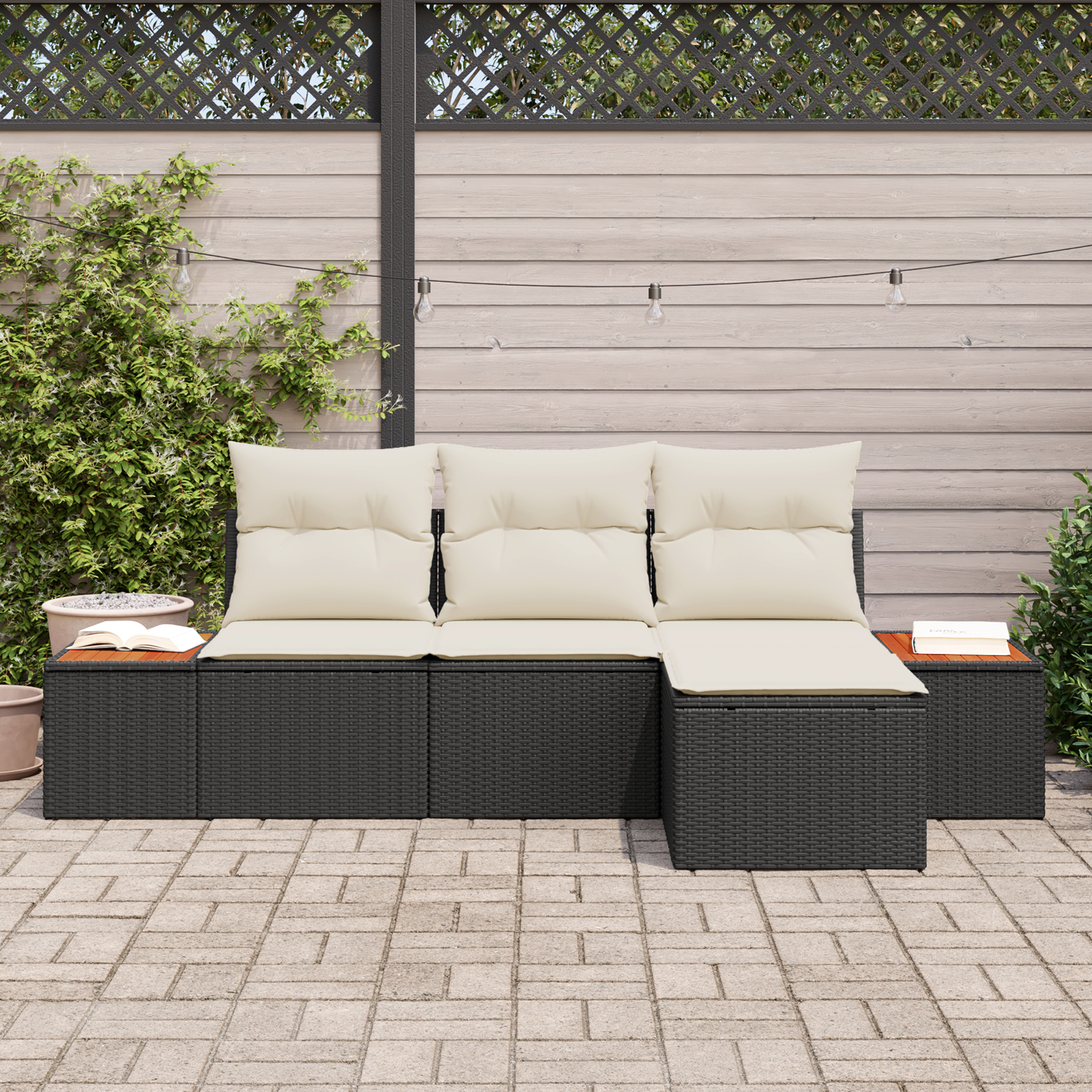 4 Dalių Sodo Sofa Rinkinys su Pagalvėmis Juoda Poli Ratanas Akacija