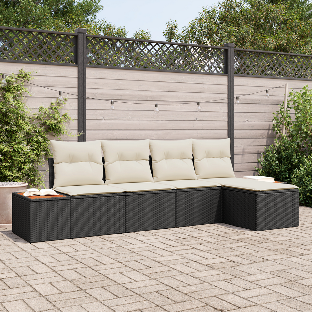 5-Piece Garden Sofa Set with Cushions Black Poly Rattan Acacia