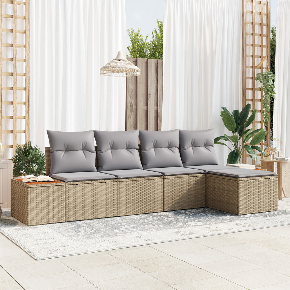 5 Piece Garden Sofa Set with Cushions Beige Poly Rattan Acacia