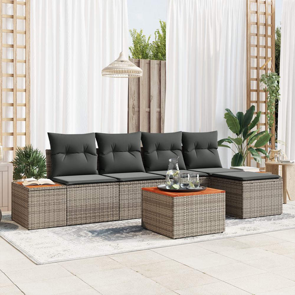 6 Piece Garden Sofa Set with Cushions, Grey Poly Rattan Acacia