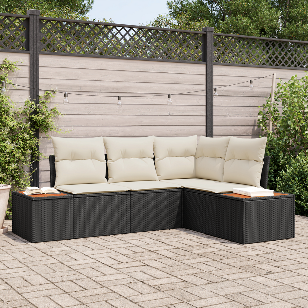 4-Piece Garden Sofa Set with Cushions Black Poly Rattan Acacia