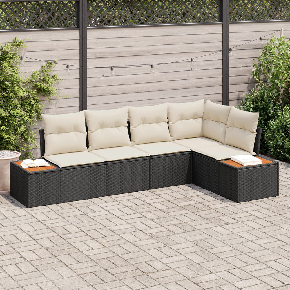 5-Piece Garden Sofa Set with Cushions - Black Poly Rattan and Acacia Wood