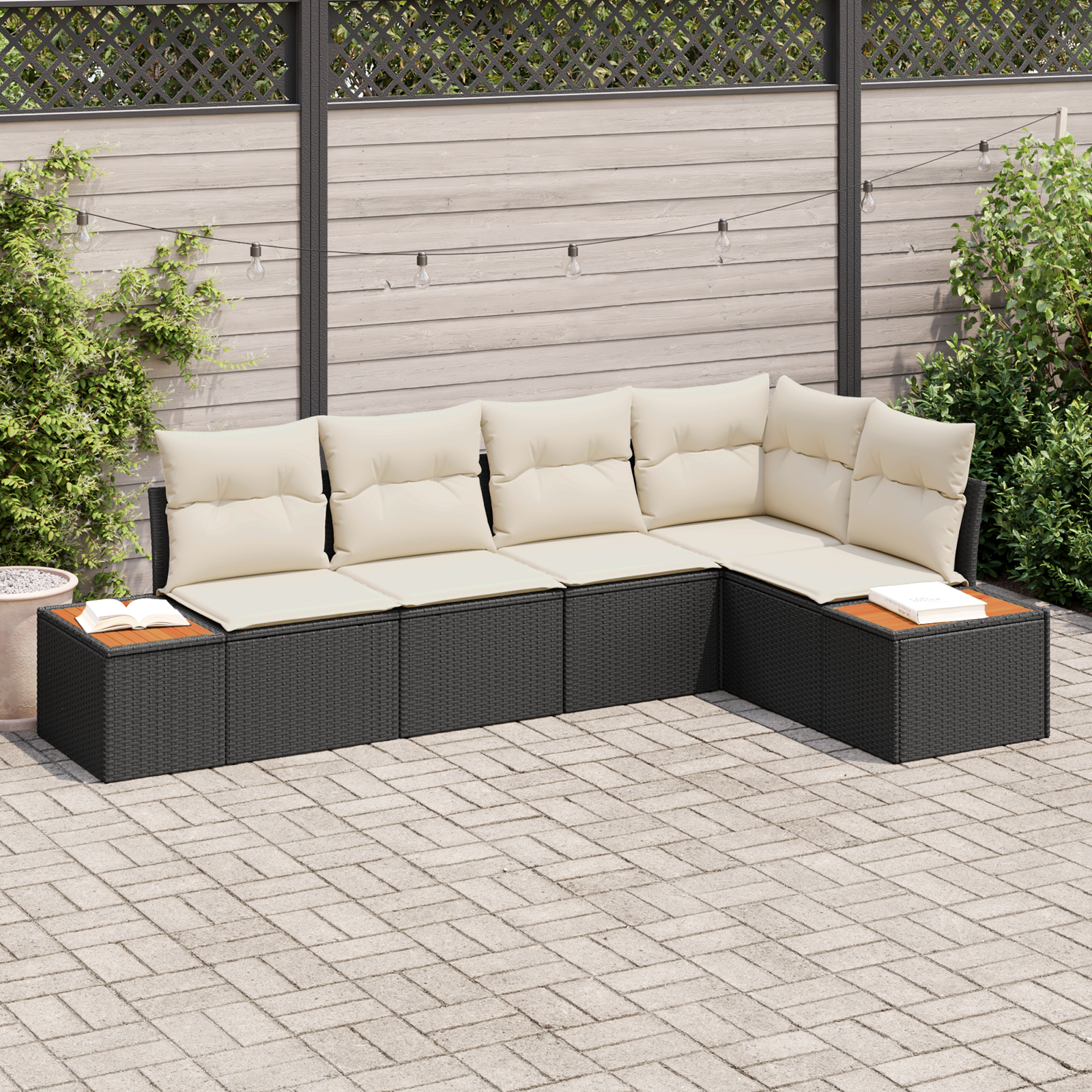 5 dalių sodo sofa su pagalvėlėmis - Juodas poli ratanas ir akacija