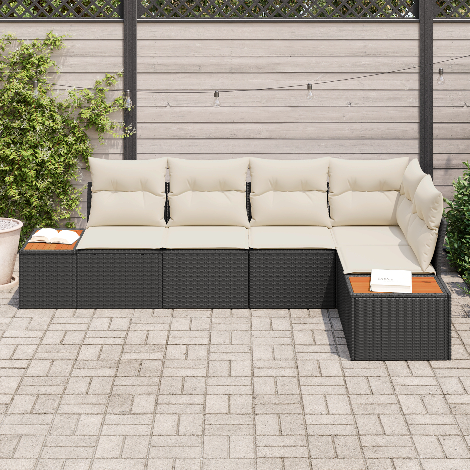 5 dalių sodo sofa su pagalvėlėmis - Juodas poli ratanas ir akacija