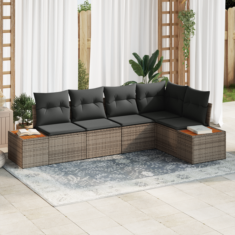 5 Piece Garden Sofa Set with Cushions Grey Poly Rattan Acacia
