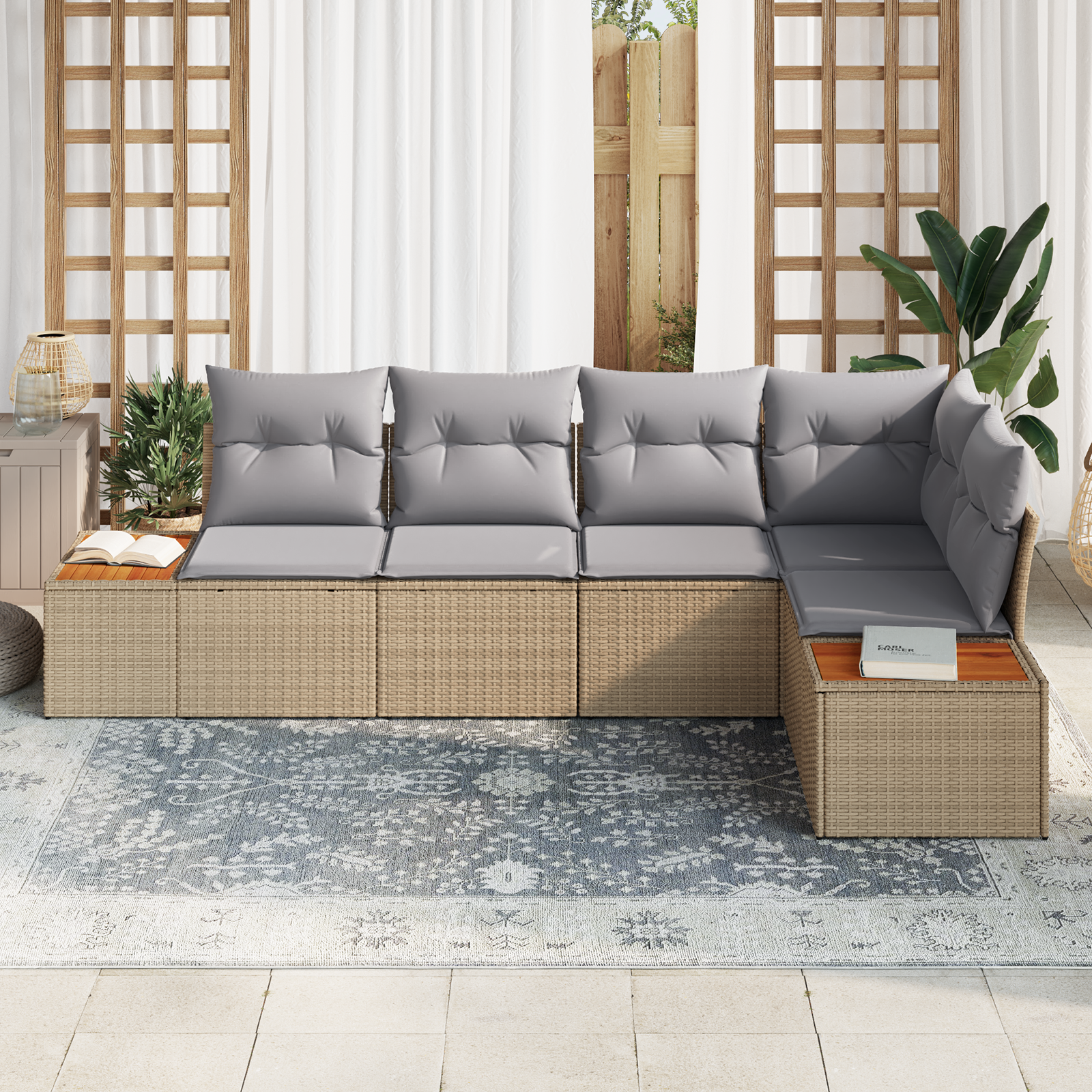 5 dalių sodo sofa komplektas su pagalvėlėmis šviesiai rataninėje Poli