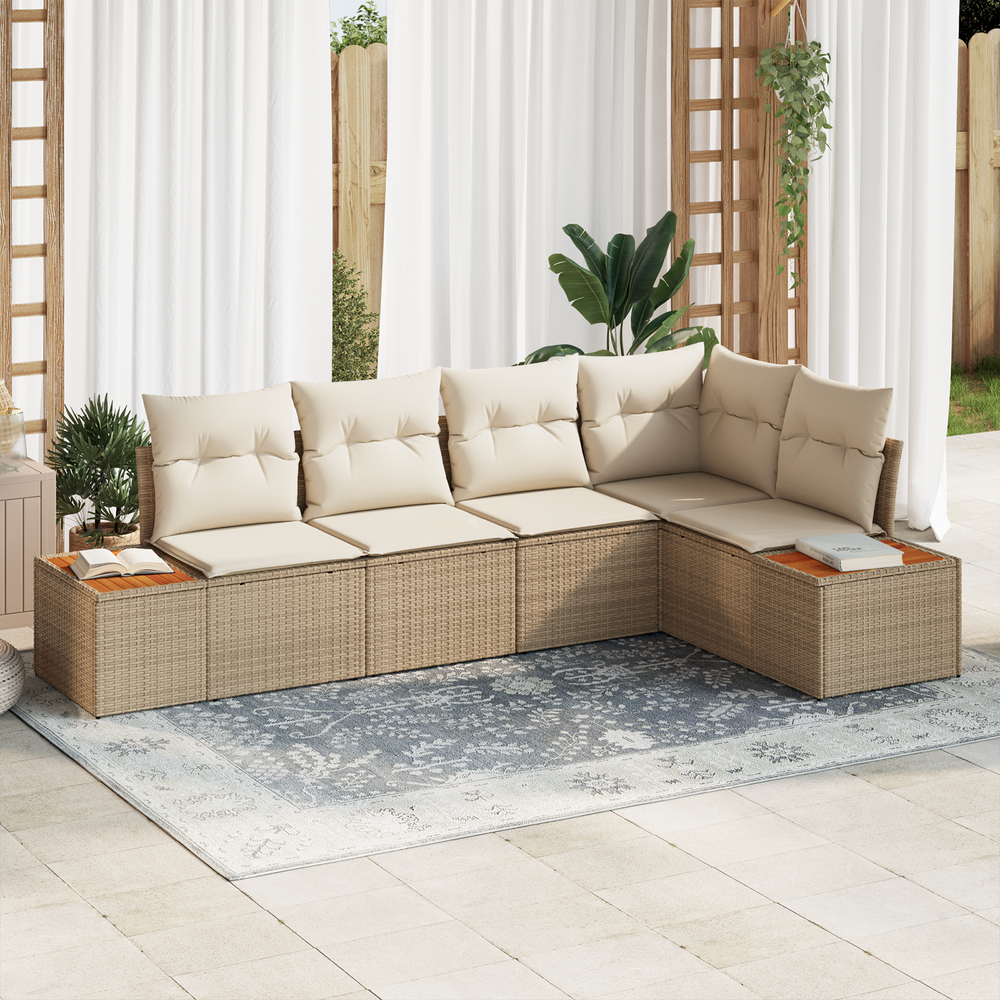 5 Piece Garden Sofa Set with Cushions Sand Polyrattan Acacia