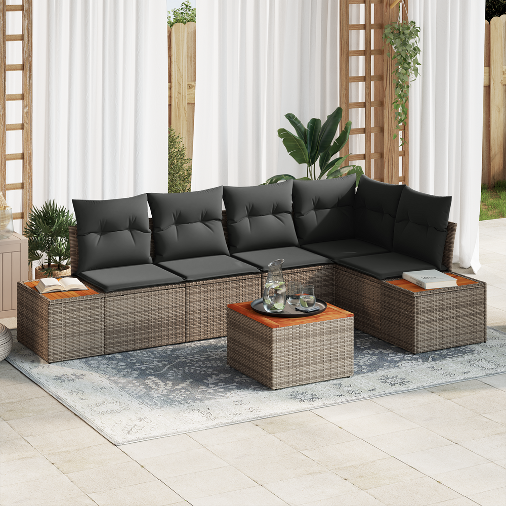 6-piece garden sofa set with cushions grey poly rattan acacia
