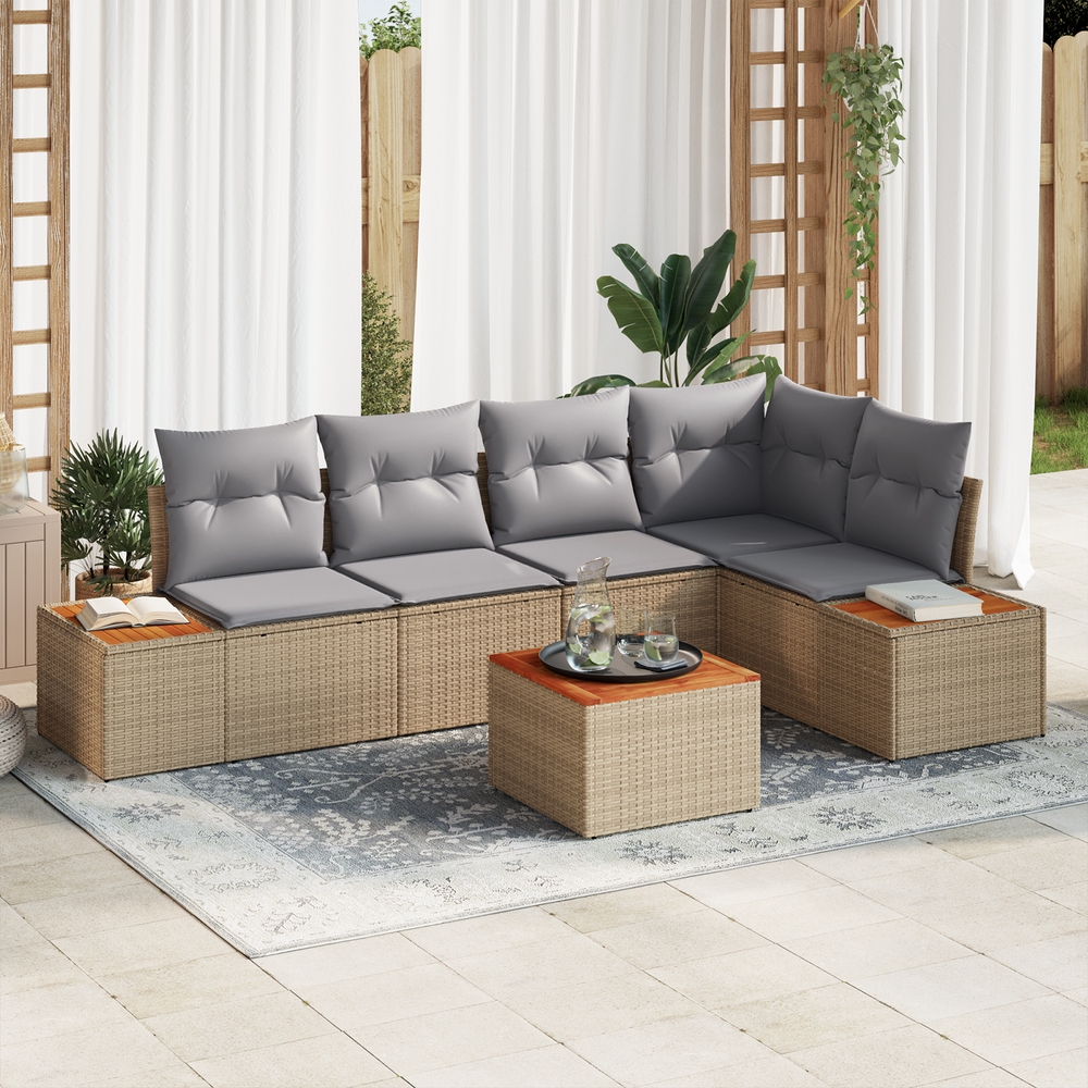 6-Piece Garden Sofa Set with Cushions Sand Poly Rattan Acacia