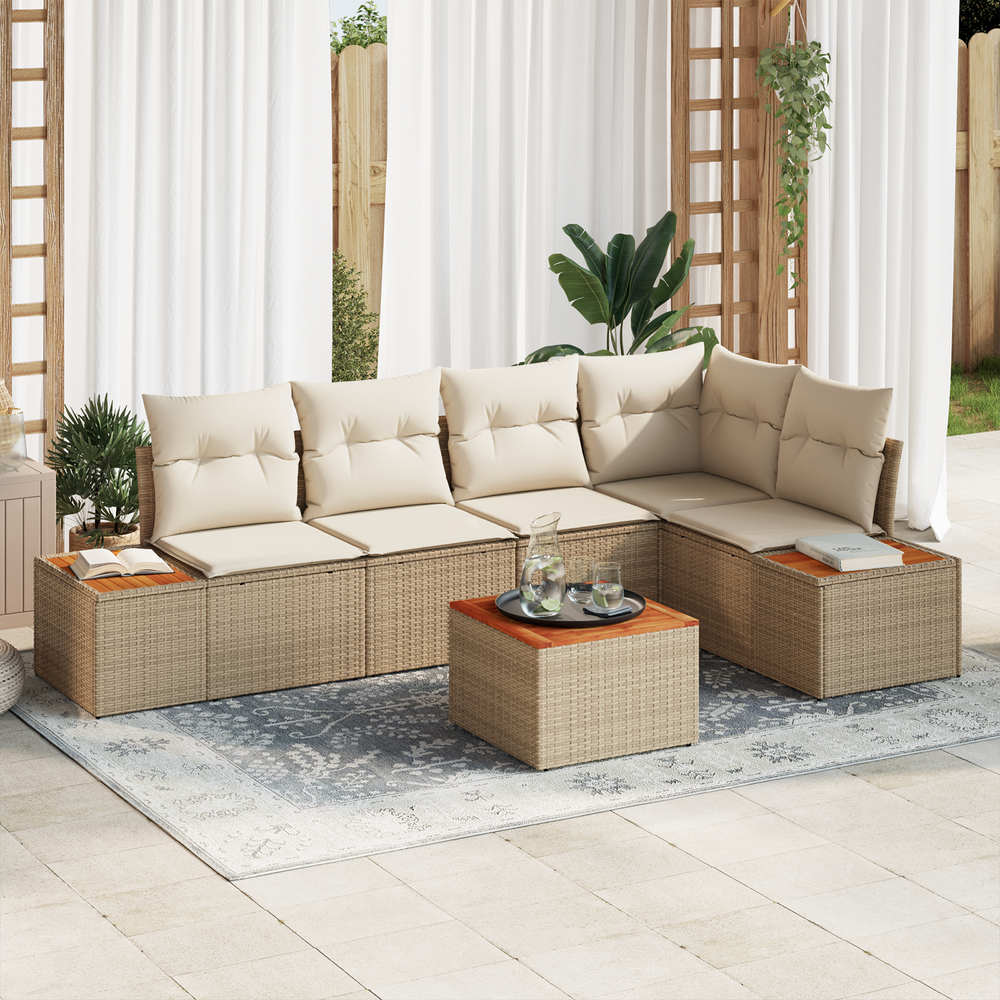 6-Piece Garden Sofa Set with Cushions Sand Poly Rattan Acacia