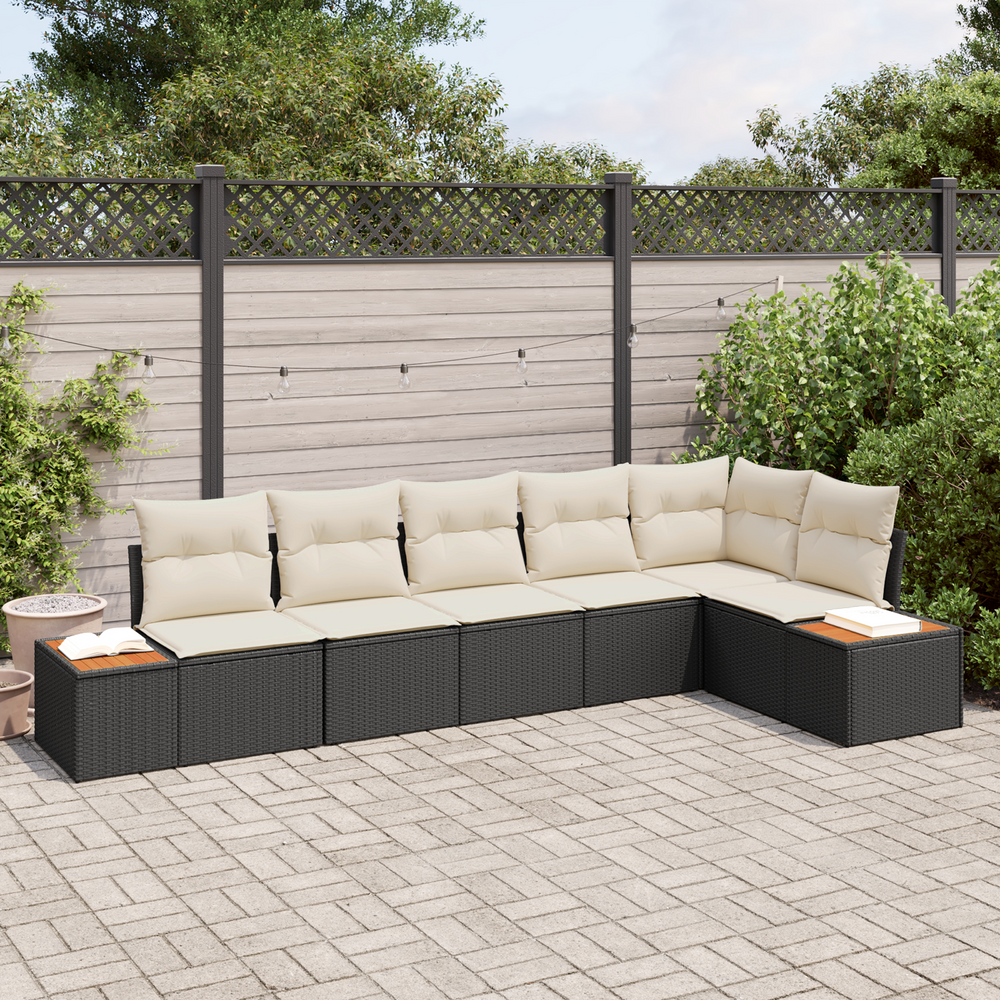 6-Piece Garden Sofa Set with Cushions Black Poly Rattan Acacia