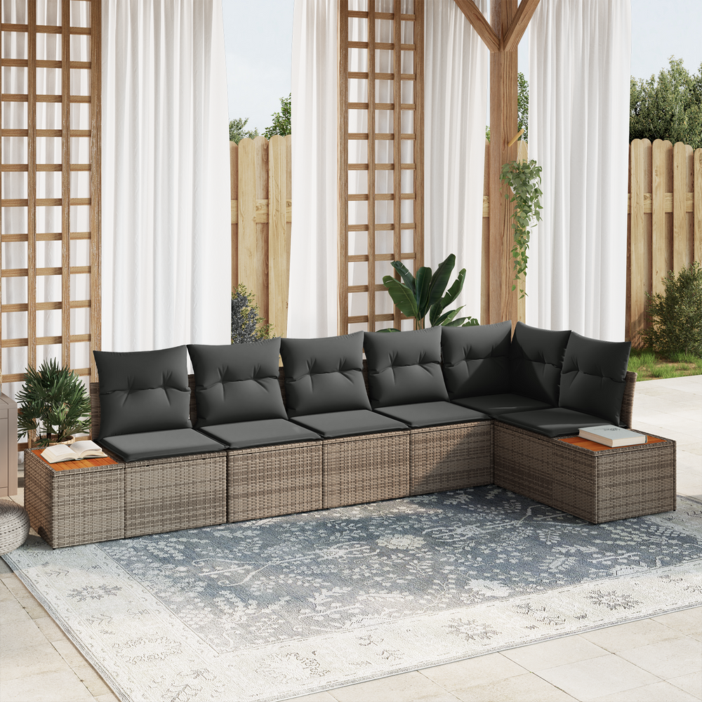 6-piece garden sofa set with cushions grey poly rattan acacia