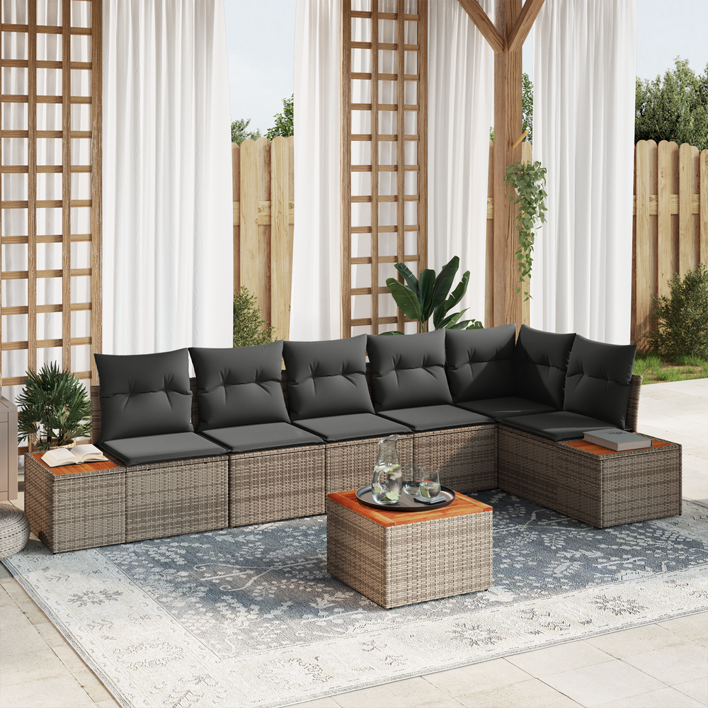 7 Piece Garden Sofa Set with Cushions Grey Poly Rattan Acacia