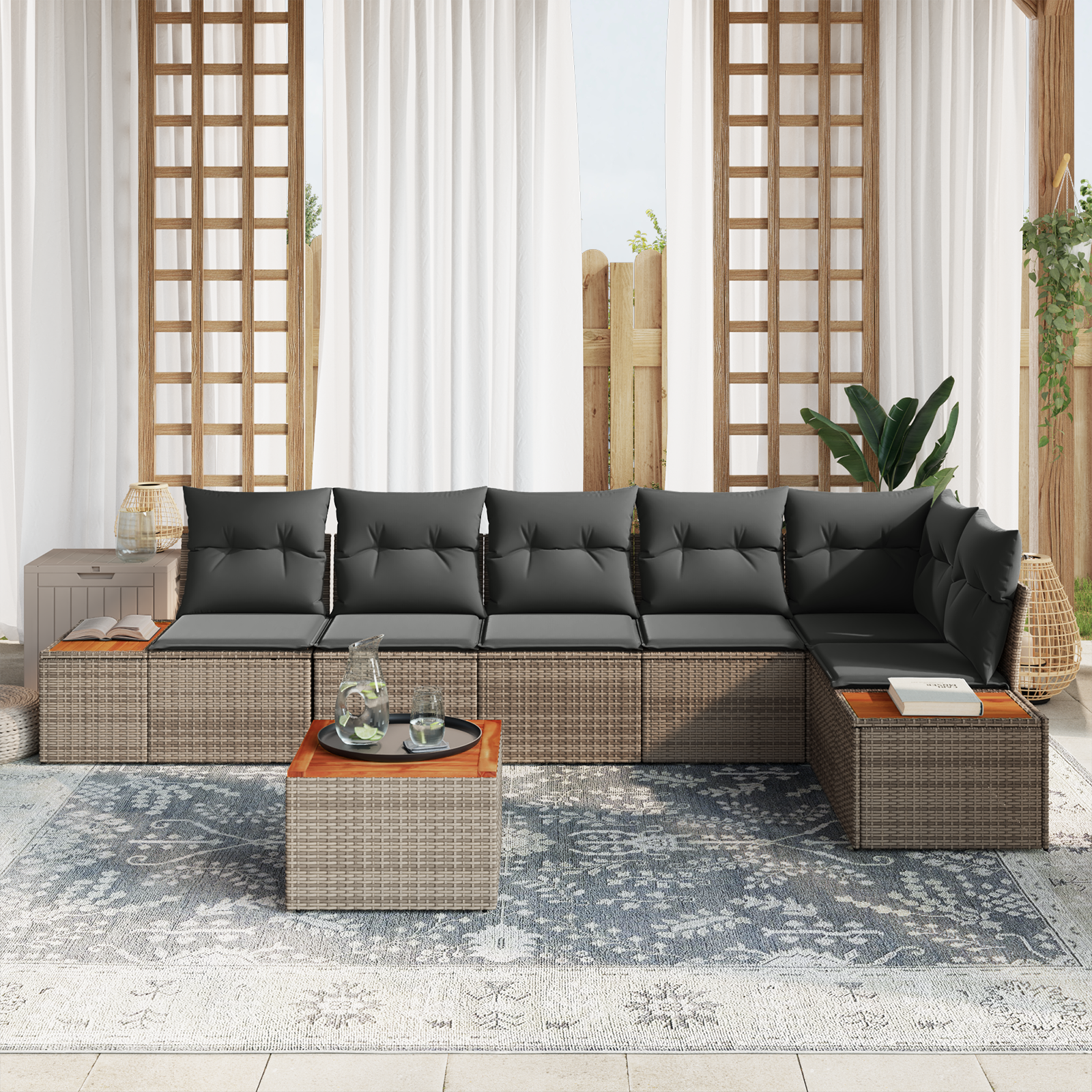 7 dalių sodo sofa rinkinys su pagalvėlėmis pilka poli ratanas akacijos