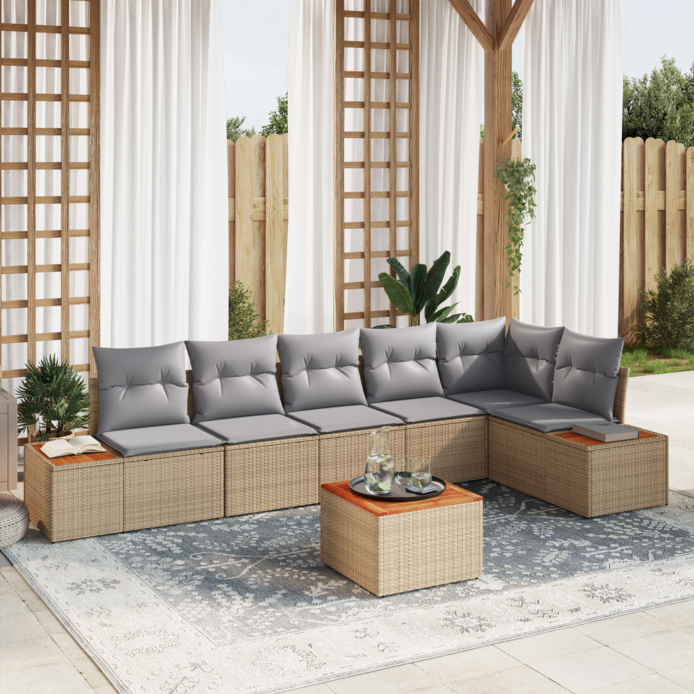 7-Piece Garden Sofa Set with Cushions Beige Poly Rattan Acacia